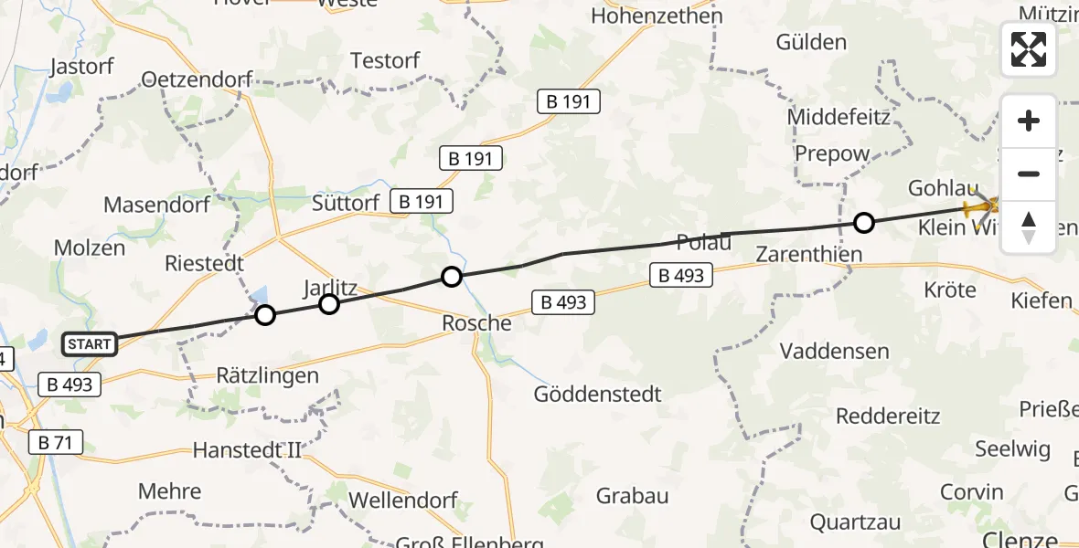 Flugroute Rettungshubschrauber Uelzen - Waddeweitz, 06 Oktober 2026, 08:15