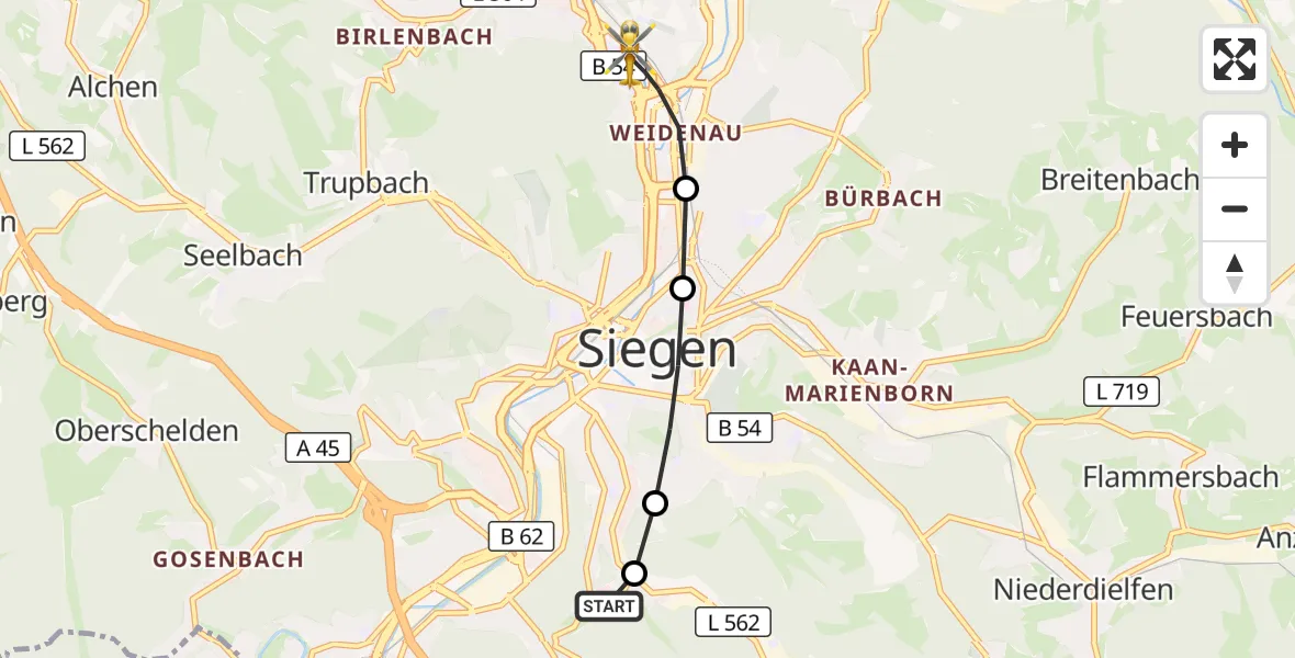 Flugroute Rettungshubschrauber Evangelisches Jung-Stilling Hospital - Siegen, 06 Oktober 2026, 08:29