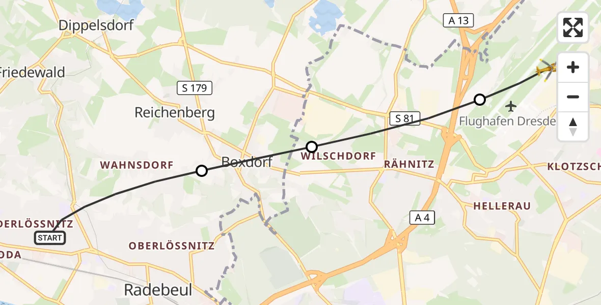 Flugroute Rettungshubschrauber Radebeul - Dresden Bundespolizei Hubschrauberlandeplatz, 06 Oktober 2026, 08:31