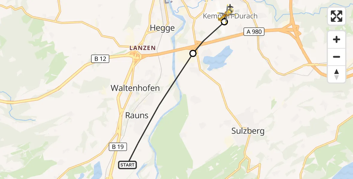 Flugroute Rettungshubschrauber Waltenhofen - Kempten-Durach Flugplatz, 06 Oktober 2026, 08:35