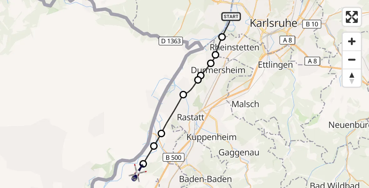 Flugroute Polizeihubschrauber Karlsruhe - Karlsruhe Baden-Baden Flughafen, 06 Oktober 2026, 08:46
