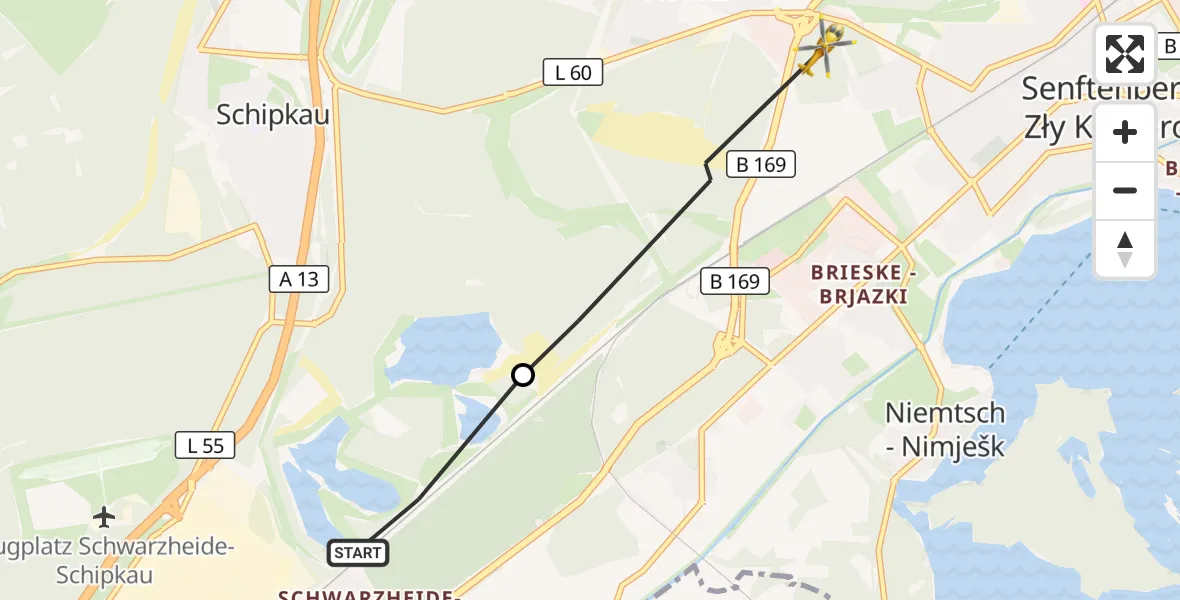 Flugroute Rettungshubschrauber Schwarzheide - Schipkau, 06 Oktober 2026, 08:47