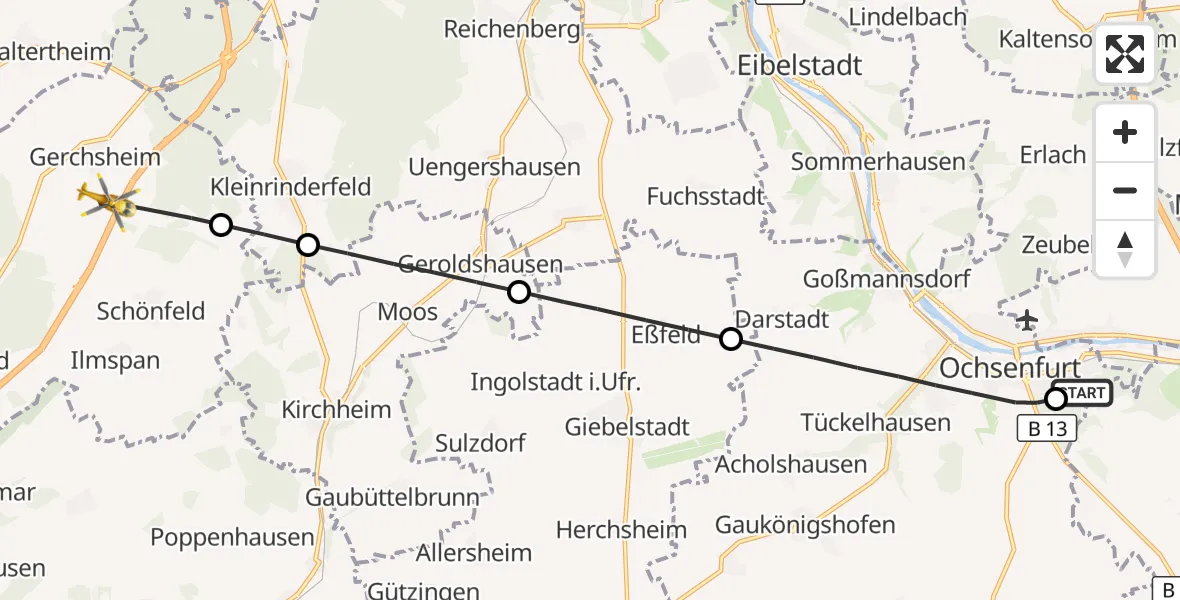 Flugroute Rettungshubschrauber Ochsenfurt Hospital - Großrinderfeld, 06 Oktober 2026, 09:00