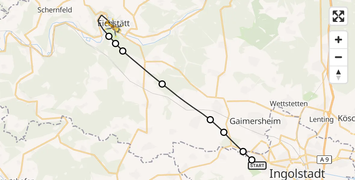 Flugroute Rettungshubschrauber Ingolstadt Hospital - Eichstätt, 06 Oktober 2026, 09:11