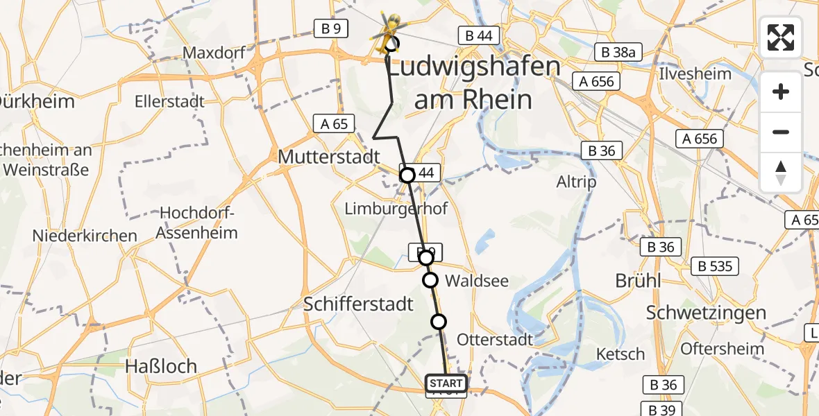 Flugroute Rettungshubschrauber Speyer - Ludwigshafen Accident Hospital, 06 Oktober 2026, 09:17