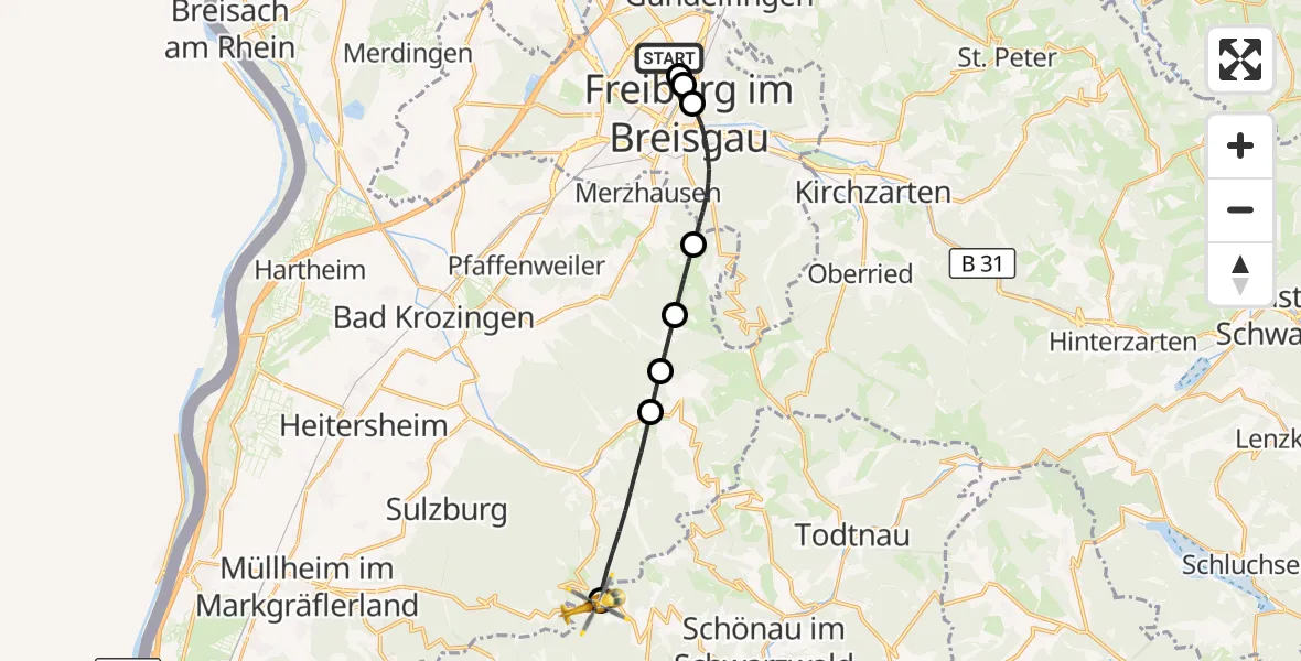 Flugroute Ambulanzhubschrauber Freiburg im Breisgau - Kleines Wiesental, 06 Oktober 2026, 09:37