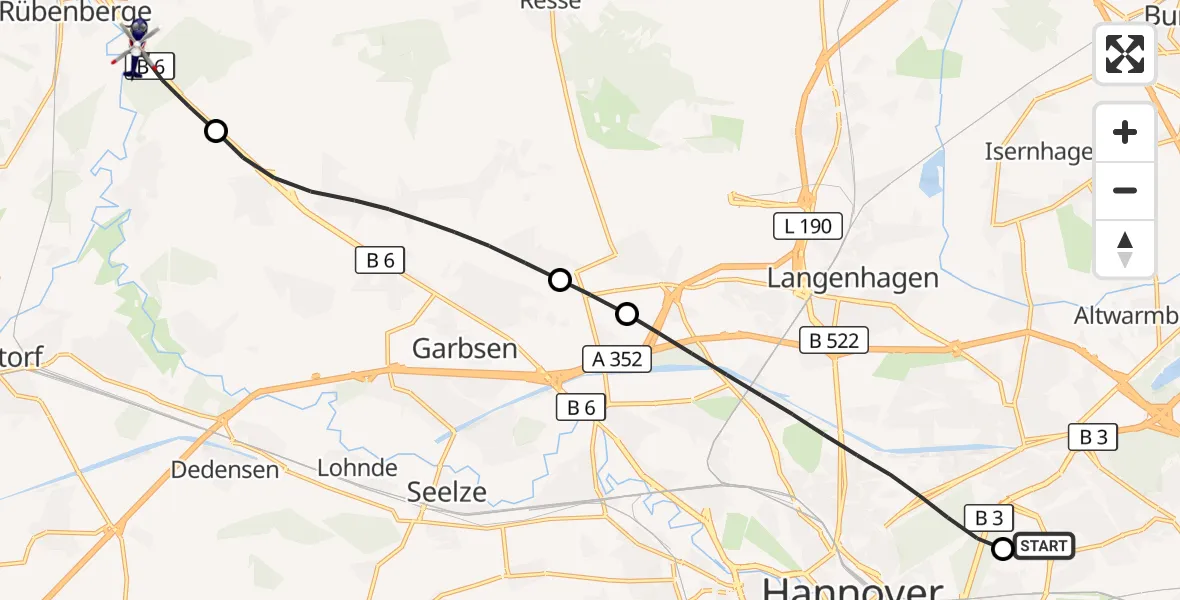 Flugroute Polizeihubschrauber Hannover Luftrettung Hubschrauberlandeplatz (Christoph 4) - Neustadt am Rübenberge, 06 Oktober 2026, 09:41