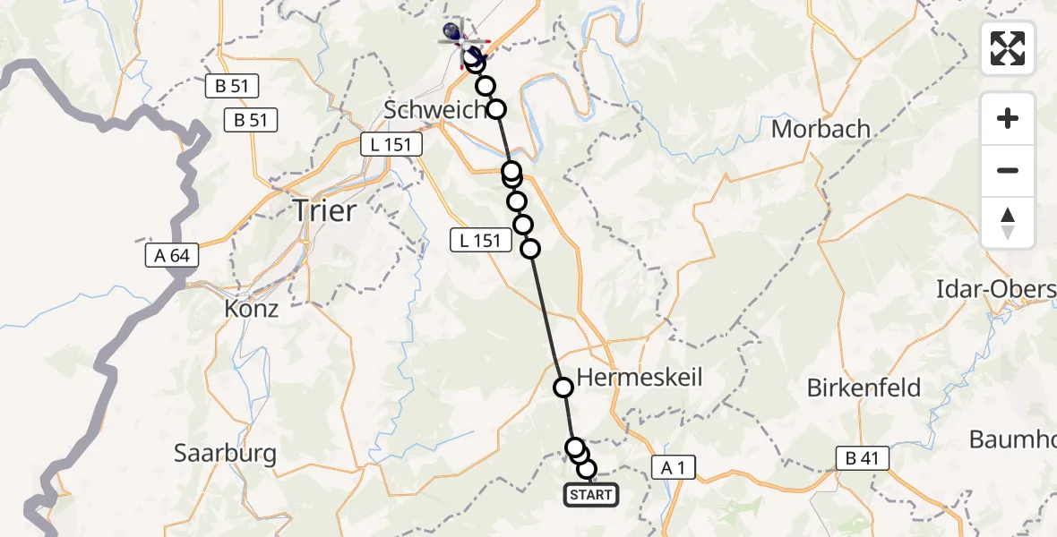 Flugroute Polizeihubschrauber Wadern - Föhren, 06 Oktober 2026, 09:50