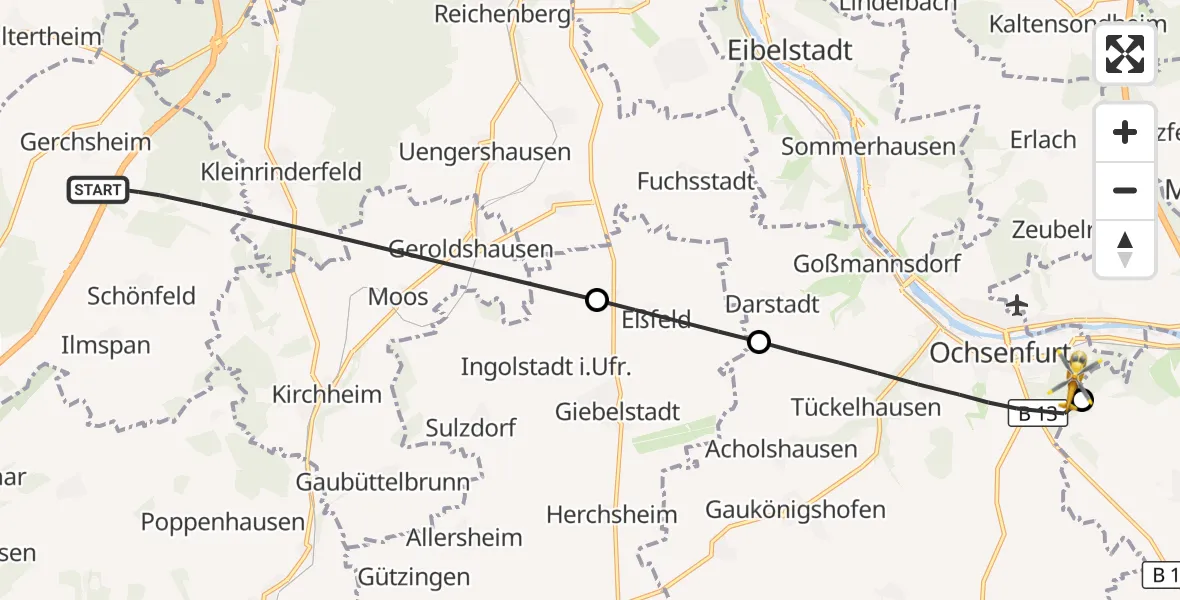 Flugroute Rettungshubschrauber Großrinderfeld - Ochsenfurt Hospital, 06 Oktober 2026, 09:51