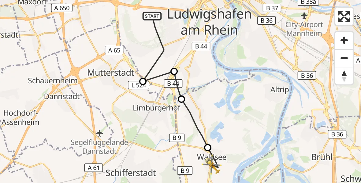Flugroute Rettungshubschrauber Ludwigshafen am Rhein - Waldsee, 06 Oktober 2026, 10:10