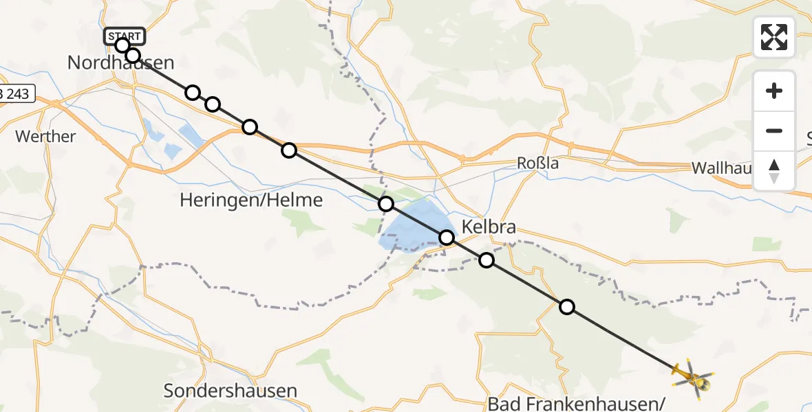 Flugroute Rettungshubschrauber Südharz Hospital Nordhausen - Bad Frankenhausen/Kyffhäuser, 06 Oktober 2026, 10:12