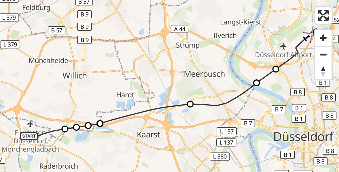 Flugroute Polizeihubschrauber Mönchengladbach Flughafen - Düsseldorf Flughafen, 06 Oktober 2026, 10:15