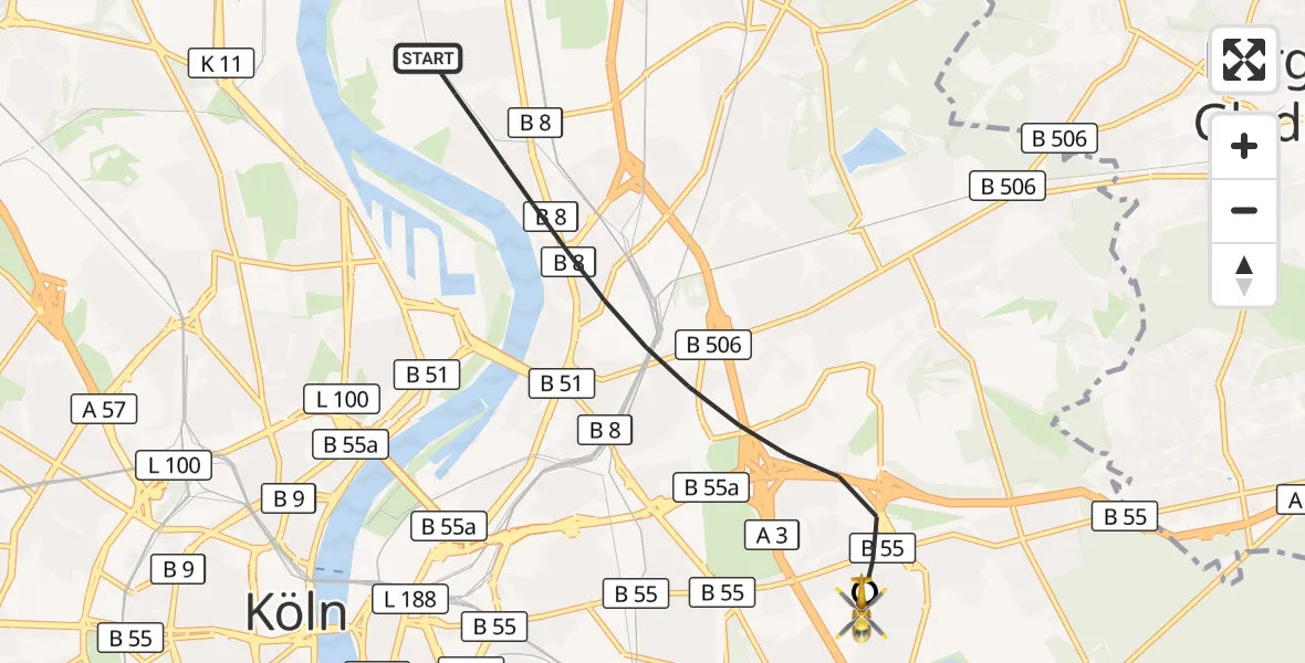 Flugroute Rettungshubschrauber Köln - Merheim Hospital, 06 Oktober 2026, 10:17