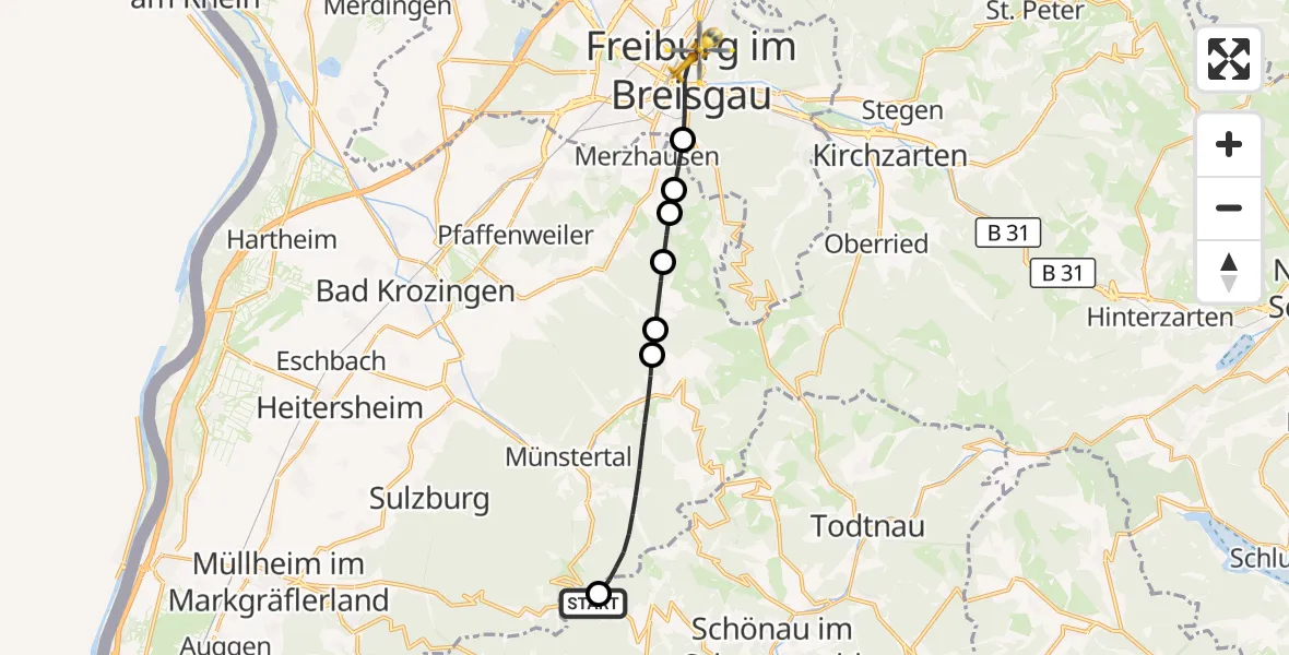 Flugroute Ambulanzhubschrauber Kleines Wiesental - Freiburg im Breisgau, 06 Oktober 2026, 10:21