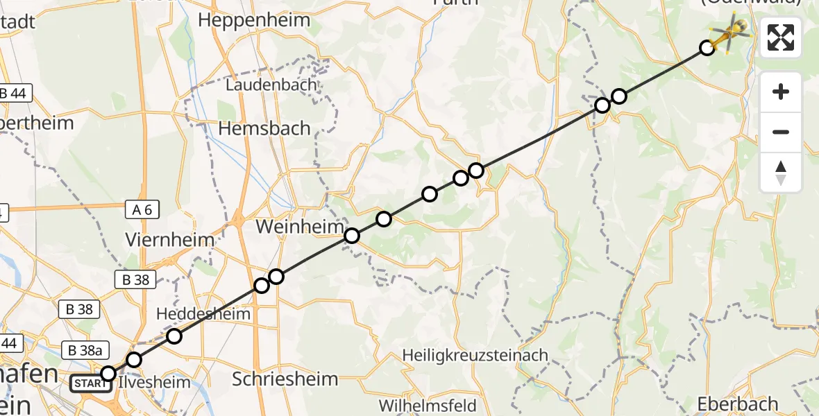 Flugroute Rettungshubschrauber Mannheim-City Flughafen - Erbach, 06 Oktober 2026, 10:22