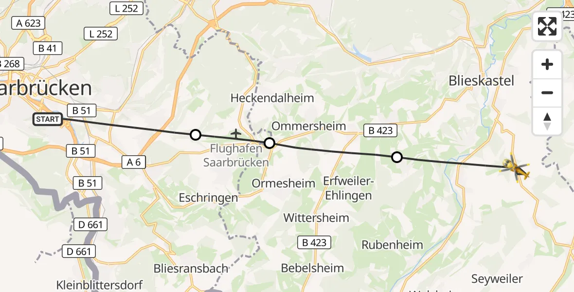 Flugroute Rettungshubschrauber Saarbrücken - Blieskastel, 06 Oktober 2026, 10:32