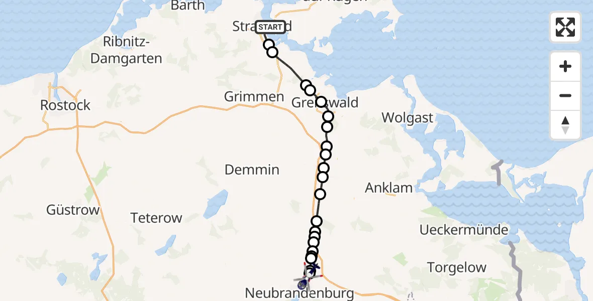Flugroute Polizeihubschrauber Stralsund - Neubrandenburg Trollenhagen Flughafen, 06 Oktober 2026, 10:33