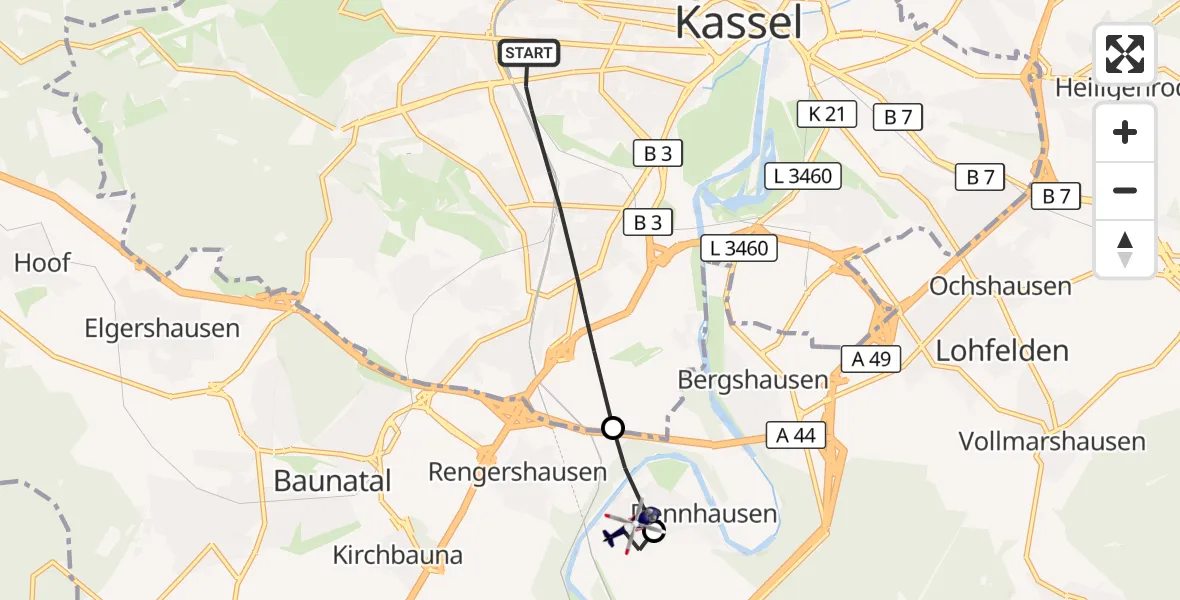 Flugroute Polizeihubschrauber Kassel - Fuldabrück, 06 Oktober 2026, 10:40