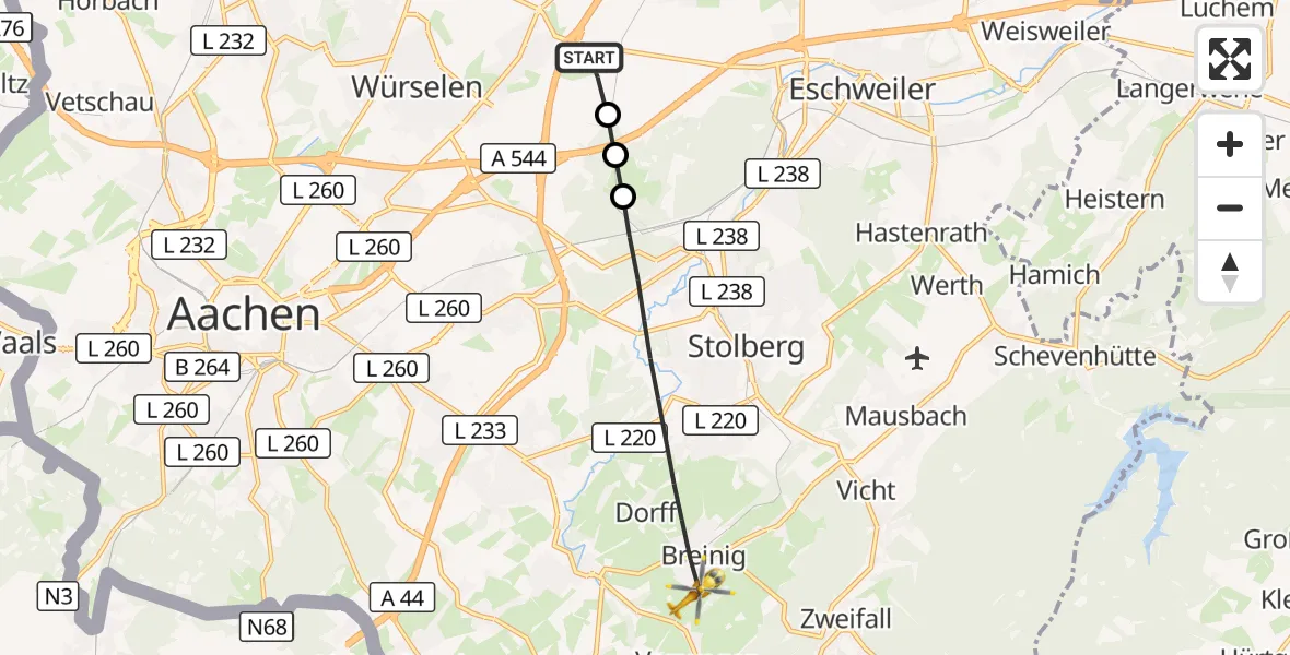 Flugroute Rettungshubschrauber Aachen-Merzbrück Flughafen - Stolberg (Rhld.), 06 Oktober 2026, 10:44