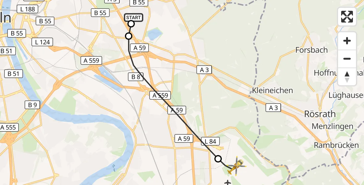 Flugroute Rettungshubschrauber Merheim Hospital - Köln Bonn Flughafen, 06 Oktober 2026, 10:45