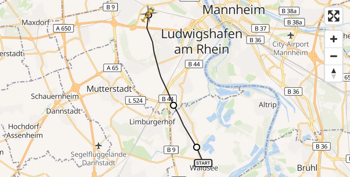 Flugroute Rettungshubschrauber Waldsee - Ludwigshafen Accident Hospital, 06 Oktober 2026, 10:48