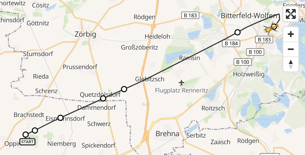 Flugroute Rettungshubschrauber Halle-Oppin Flugplatz - Bitterfield-Wolfen Health Center Hubschrauberlandeplatz, 06 Oktober 2026, 10:55