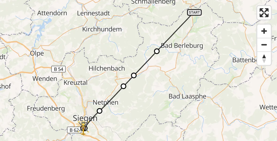 Flugroute Rettungshubschrauber Bad Berleburg - Evangelisches Jung-Stilling Hospital, 06 Oktober 2026, 10:57