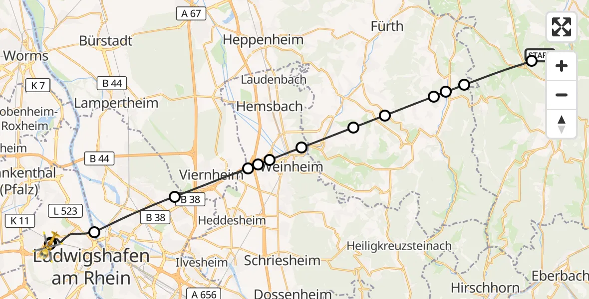 Flugroute Rettungshubschrauber Erbach - Ludwigshafen Accident Hospital, 06 Oktober 2026, 11:03