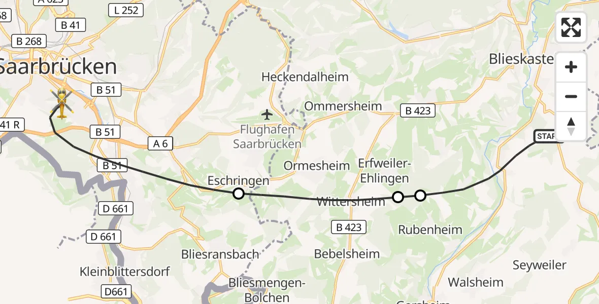 Flugroute Rettungshubschrauber Blieskastel - Saarbrücken, 06 Oktober 2026, 11:06