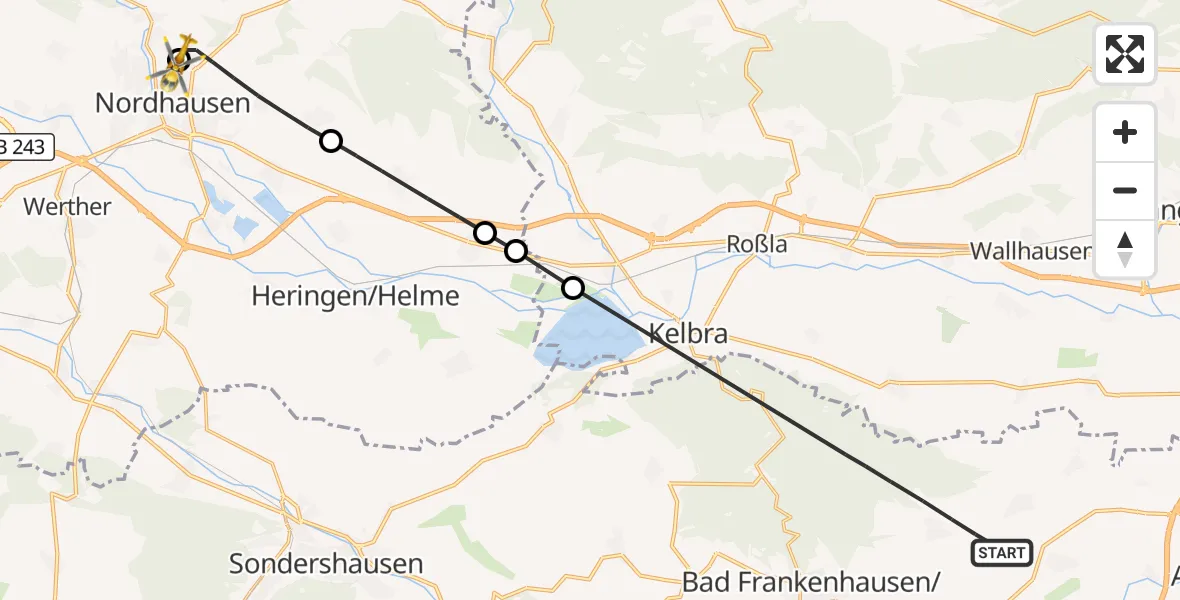 Flugroute Rettungshubschrauber Bad Frankenhausen/Kyffhäuser - Südharz Hospital Nordhausen, 06 Oktober 2026, 11:10