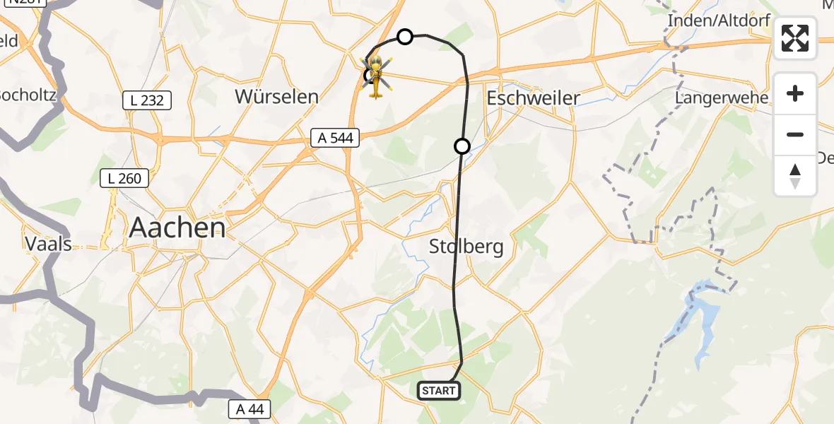 Flugroute Rettungshubschrauber Stolberg (Rhld.) - Aachen-Merzbrück Flughafen, 06 Oktober 2026, 11:22