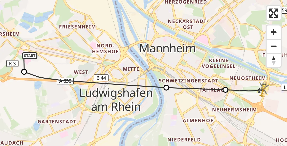 Flugroute Rettungshubschrauber Ludwigshafen Accident Hospital - Mannheim-City Flughafen, 06 Oktober 2026, 11:36