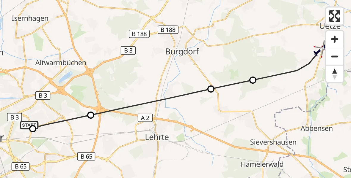 Flugroute Polizeihubschrauber Hannover Luftrettung Hubschrauberlandeplatz (Christoph 4) - Uetze, 06 Oktober 2026, 11:40