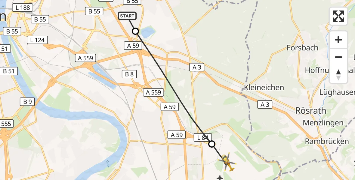 Flugroute Ambulanzhubschrauber Merheim Hospital - Köln Bonn Flughafen, 06 Oktober 2026, 11:41