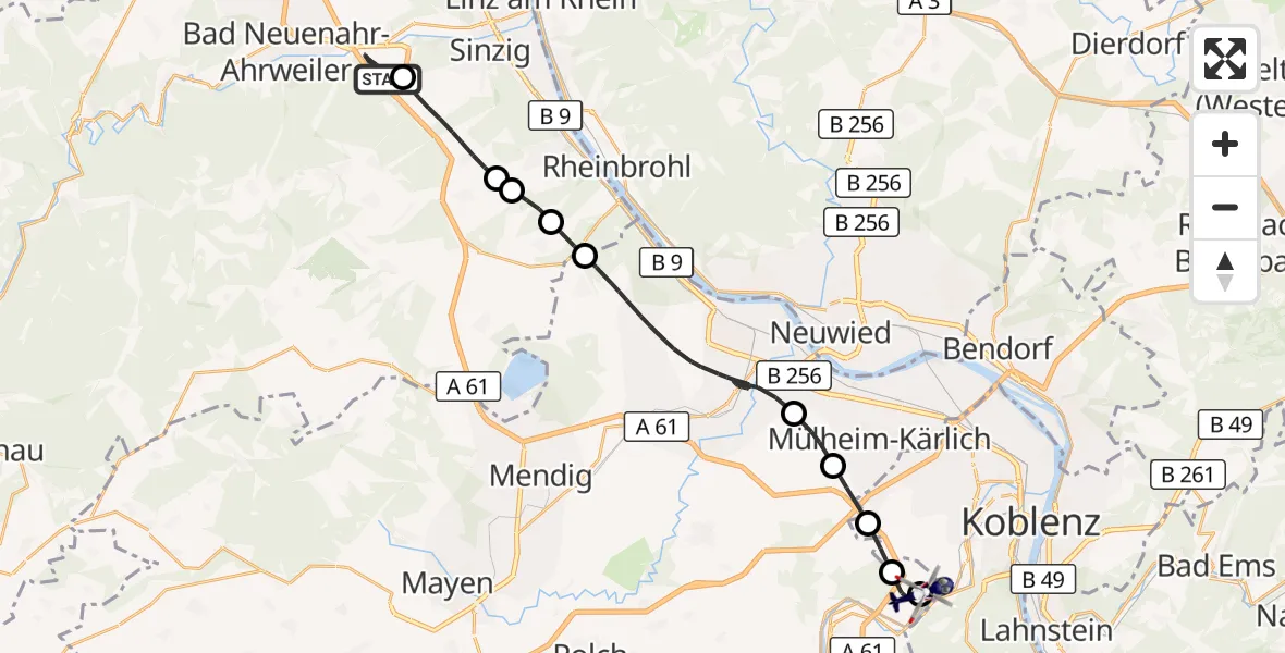 Flugroute Polizeihubschrauber Bad Neuenahr-Ahrweiler - Koblenz-Winningen Flugplatz, 06 Oktober 2026, 11:56