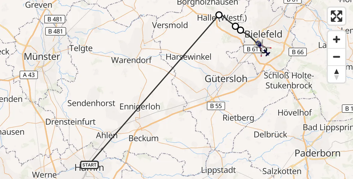 Flugroute Polizeihubschrauber Hamm-Lippewiesen Flugplatz - Luftrettungszentrum Bielefeld, 06 Oktober 2026, 12:02