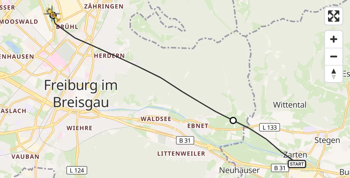 Flugroute Ambulanzhubschrauber Kirchzarten - Freiburg im Breisgau Flugplatz, 06 Oktober 2026, 12:15