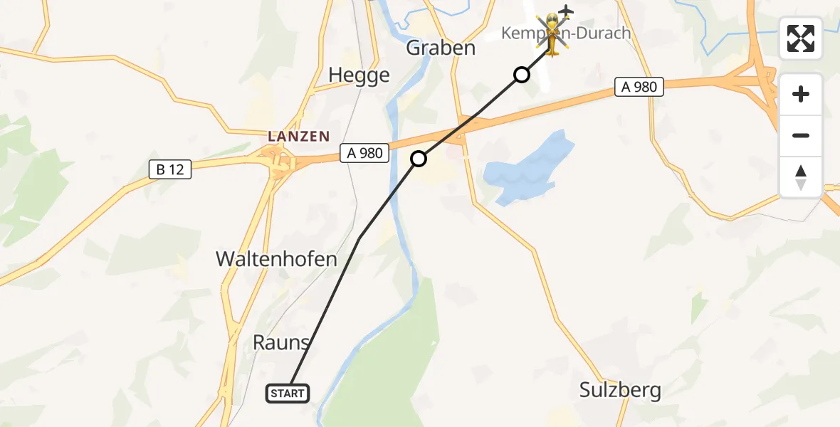 Flugroute Rettungshubschrauber Waltenhofen - Kempten-Durach Flugplatz, 06 Oktober 2026, 12:17