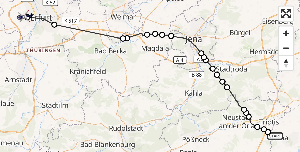 Flugroute Polizeihubschrauber Auma-Weidatal - Erfurt-Weimar Flughafen, 06 Oktober 2026, 12:19