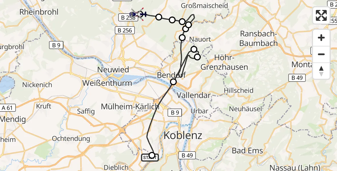 Flugroute Polizeihubschrauber Koblenz-Winningen Flugplatz - Neuwied, 06 Oktober 2026, 12:25
