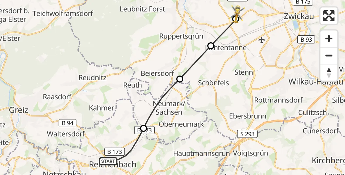 Flugroute Rettungshubschrauber Reichenbach im Vogtland - ADAC Air Rescue Station Zwickau Hubschrauberlandeplatz, 06 Oktober 2026, 12:31