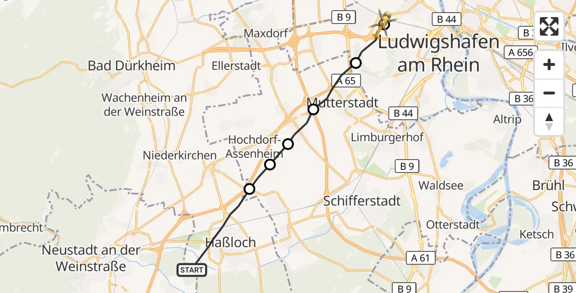 Flugroute Rettungshubschrauber Haßloch - Ludwigshafen Accident Hospital, 06 Oktober 2026, 12:44
