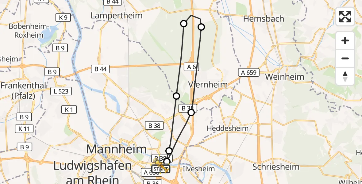Flugroute Rettungshubschrauber Mannheim-City Flughafen - Mannheim-City Flughafen, 06 Oktober 2026, 12:47