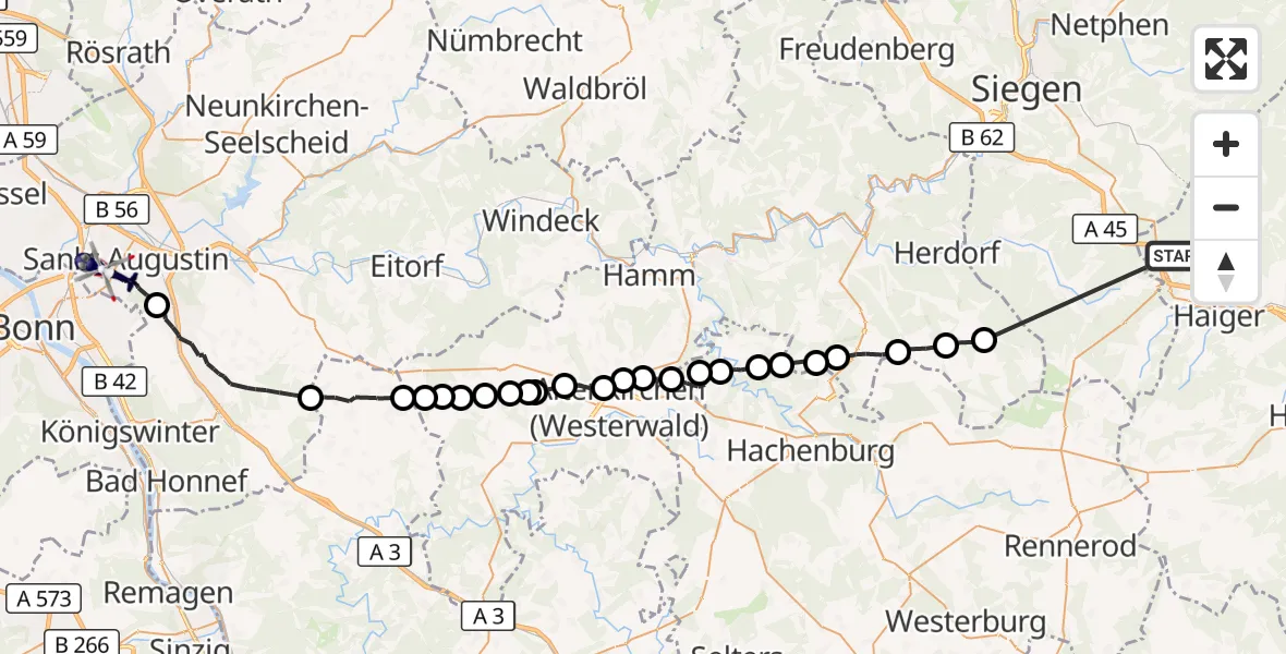 Flugroute Polizeihubschrauber Haiger - Sankt Augustin, 06 Oktober 2026, 12:57