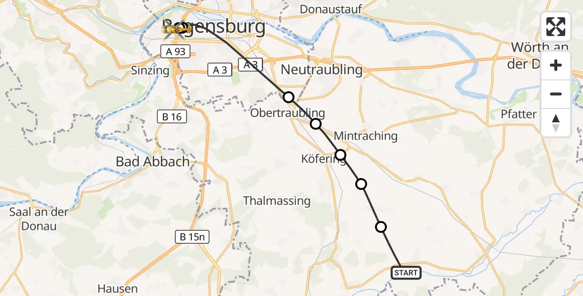 Flugroute Rettungshubschrauber Aufhausen - Barmherzige Brüder (Brothers of Mercy) Hospital Regensburg, 06 Oktober 2026, 13:02