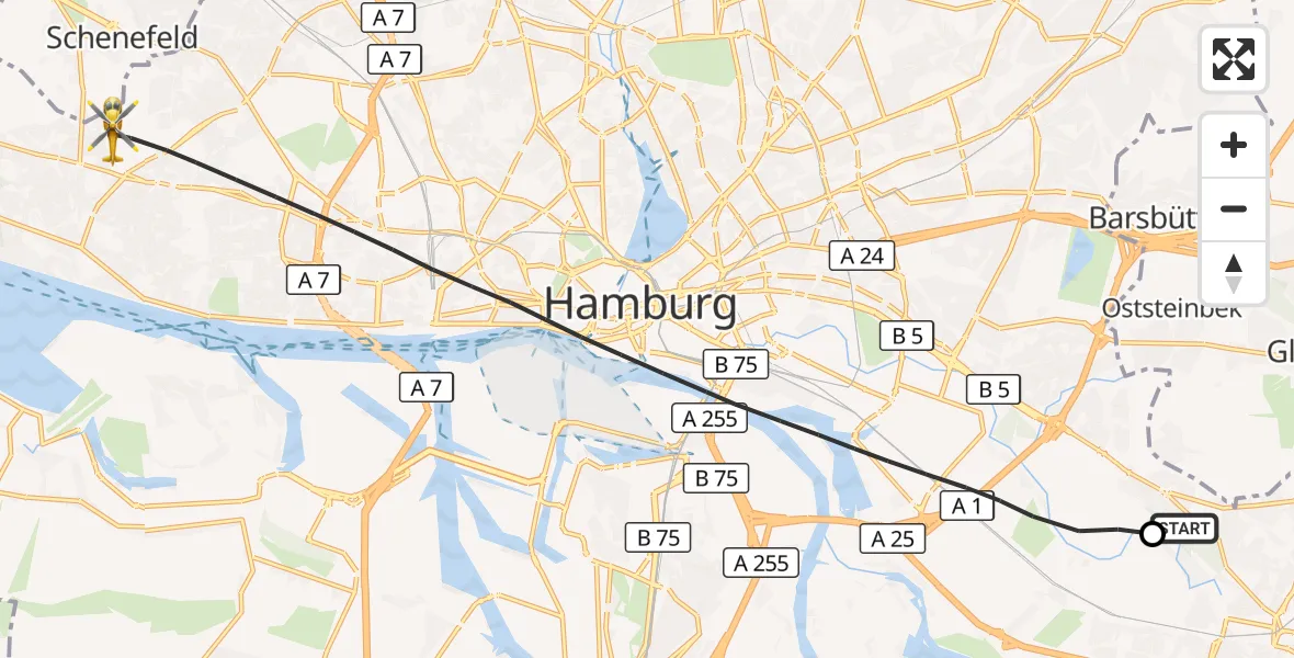 Flugroute Rettungshubschrauber Christoph Hansa ADAC Hubschrauberlandeplatz - Hamburg, 06 Oktober 2026, 13:03