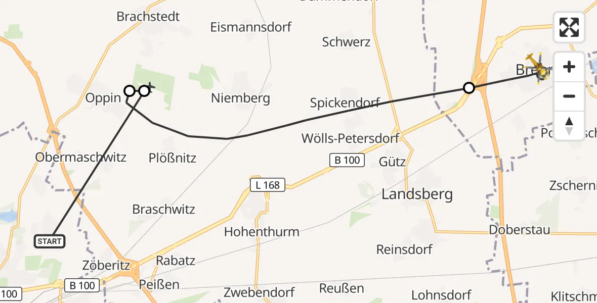 Flugroute Rettungshubschrauber Halle (Saale) - Sandersdorf-Brehna, 06 Oktober 2026, 13:08