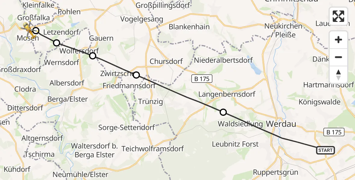 Flugroute Rettungshubschrauber Werdau - Berga-Wünschendorf, 06 Oktober 2026, 13:10