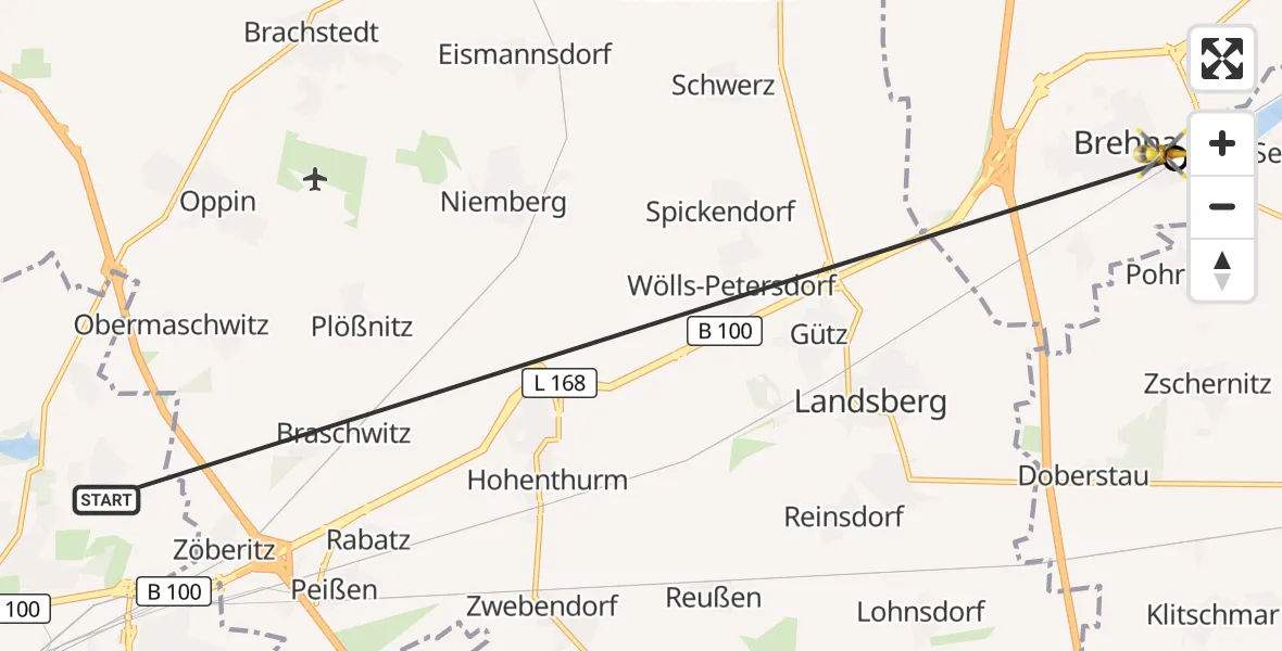 Flugroute Rettungshubschrauber Halle (Saale) - Sandersdorf-Brehna, 06 Oktober 2026, 13:17