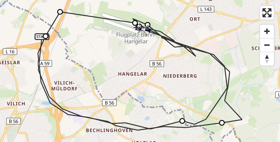 Flugroute Polizeihubschrauber Bonn - Bonn-Hangelar Flugplatz, 06 Oktober 2026, 13:29